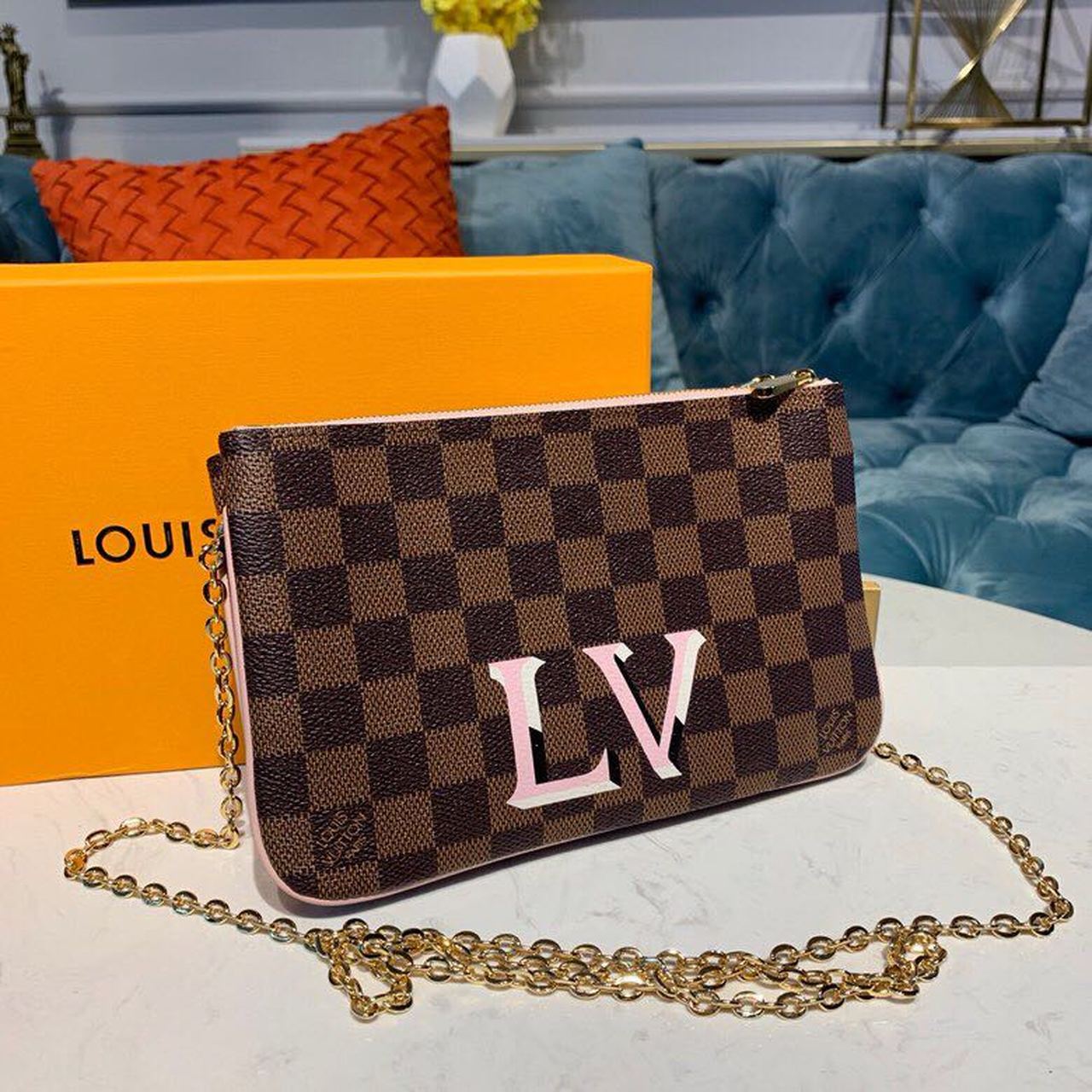LV Pochette Double Zip Damier Ebene Canvas Rose Ballerine Pink For Women, WomenÃ¢â‚¬â„¢s Bags, Shoulder And Crossbody Bags 7.9in/21cm LV N60254