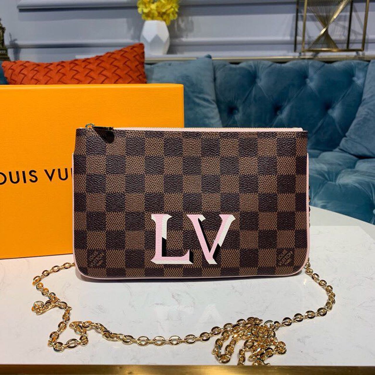 LV Pochette Double Zip Damier Ebene Canvas Rose Ballerine Pink For Women, WomenÃ¢â‚¬â„¢s Bags, Shoulder And Crossbody Bags 7.9in/21cm LV N60254