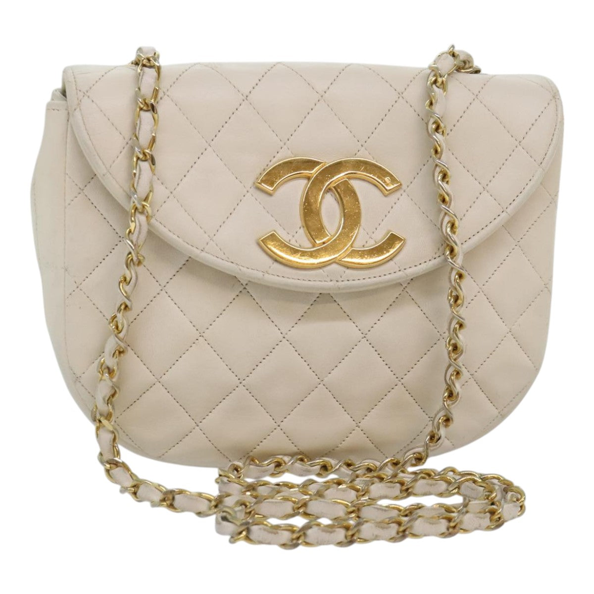 CHANEL Matelasse Big COCO Mark Chain Bag Lamb Skin White Gold CC 93377