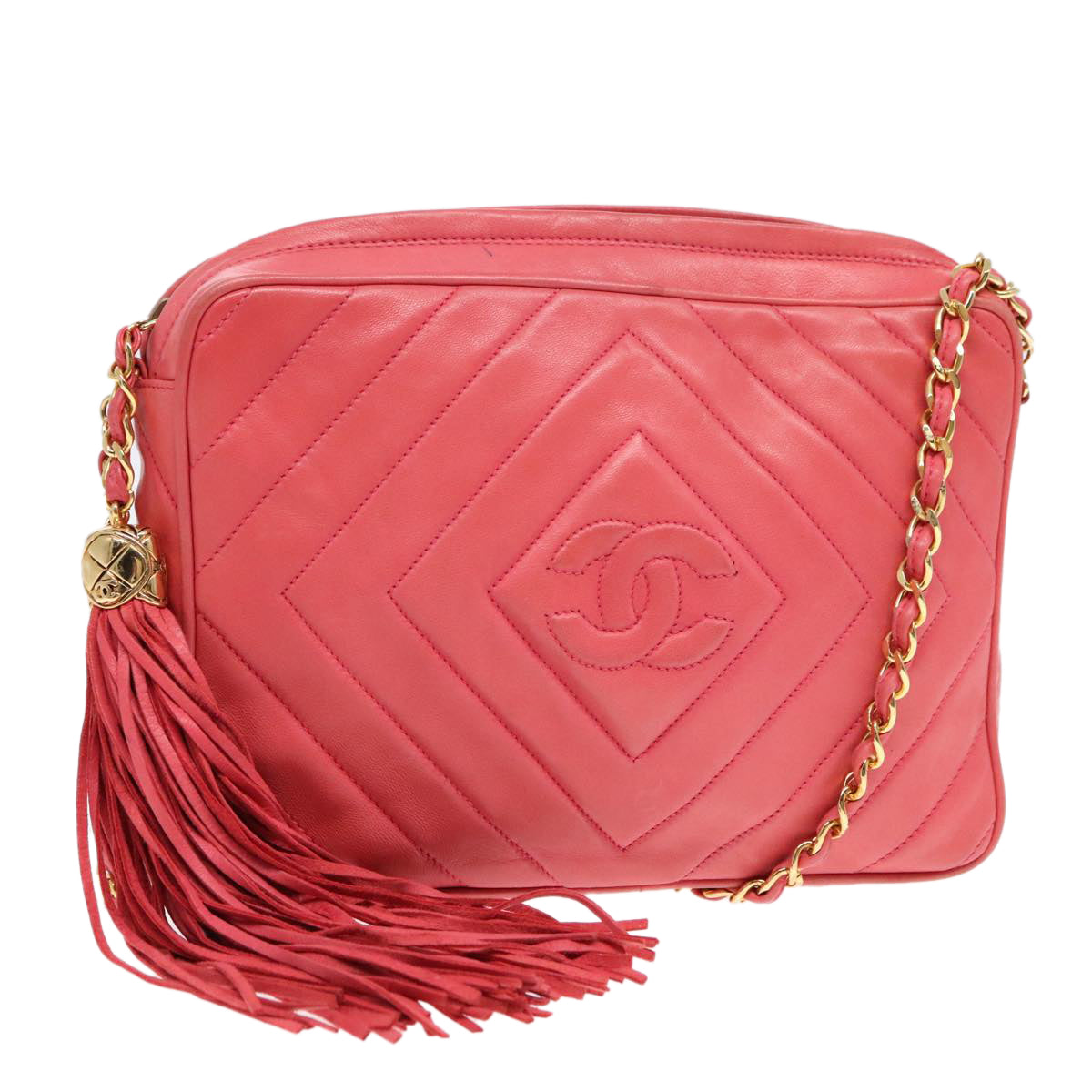 CHANEL Chain Shoulder Bag Lamb Skin Gold Pink CC 93604