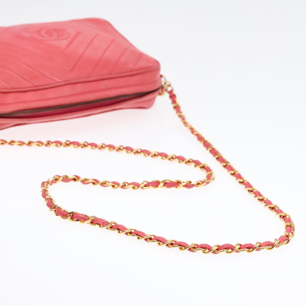 CHANEL Chain Shoulder Bag Lamb Skin Gold Pink CC 93604