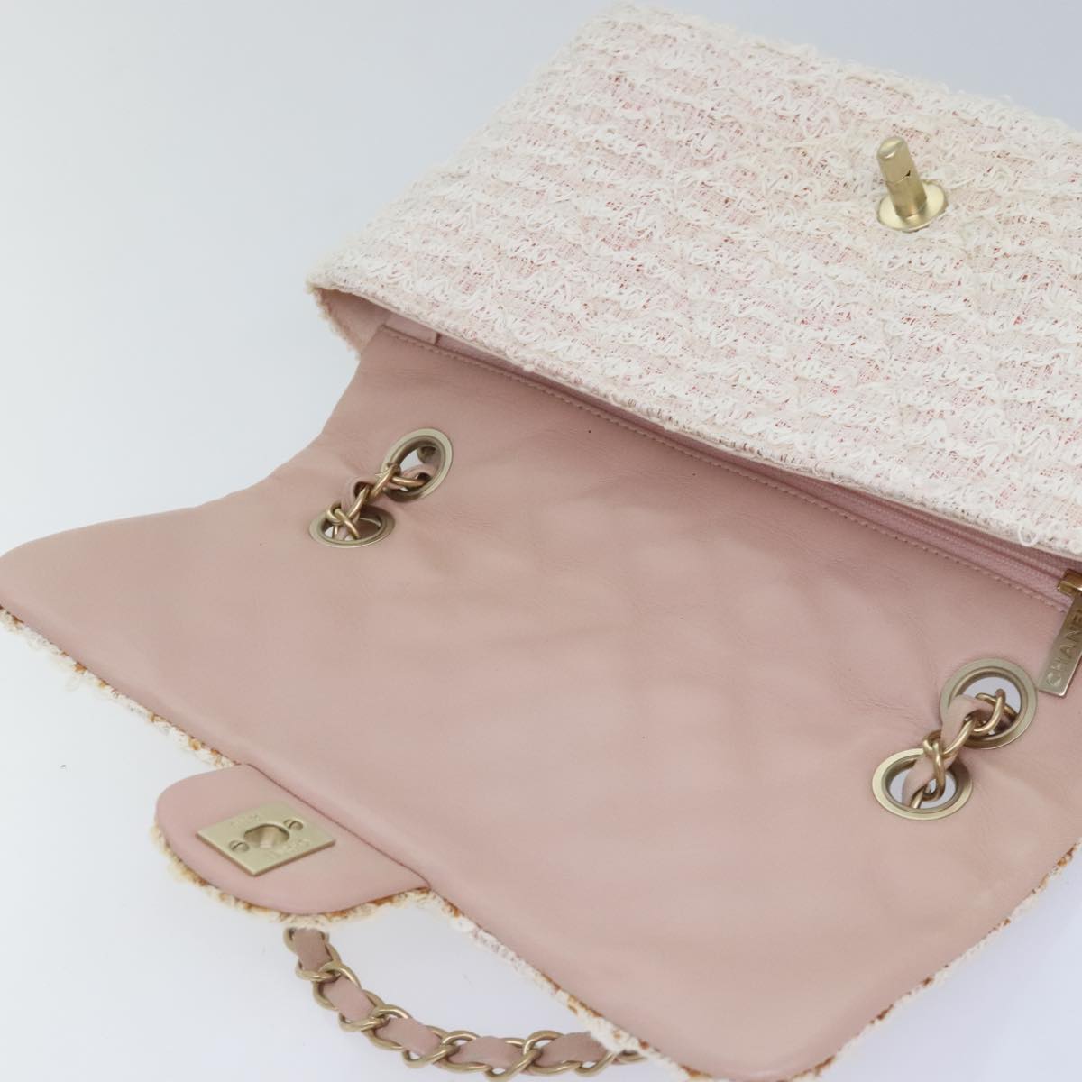 CHANEL Matelasse Chain Shoulder Bag tweed White Pink CC 93801A