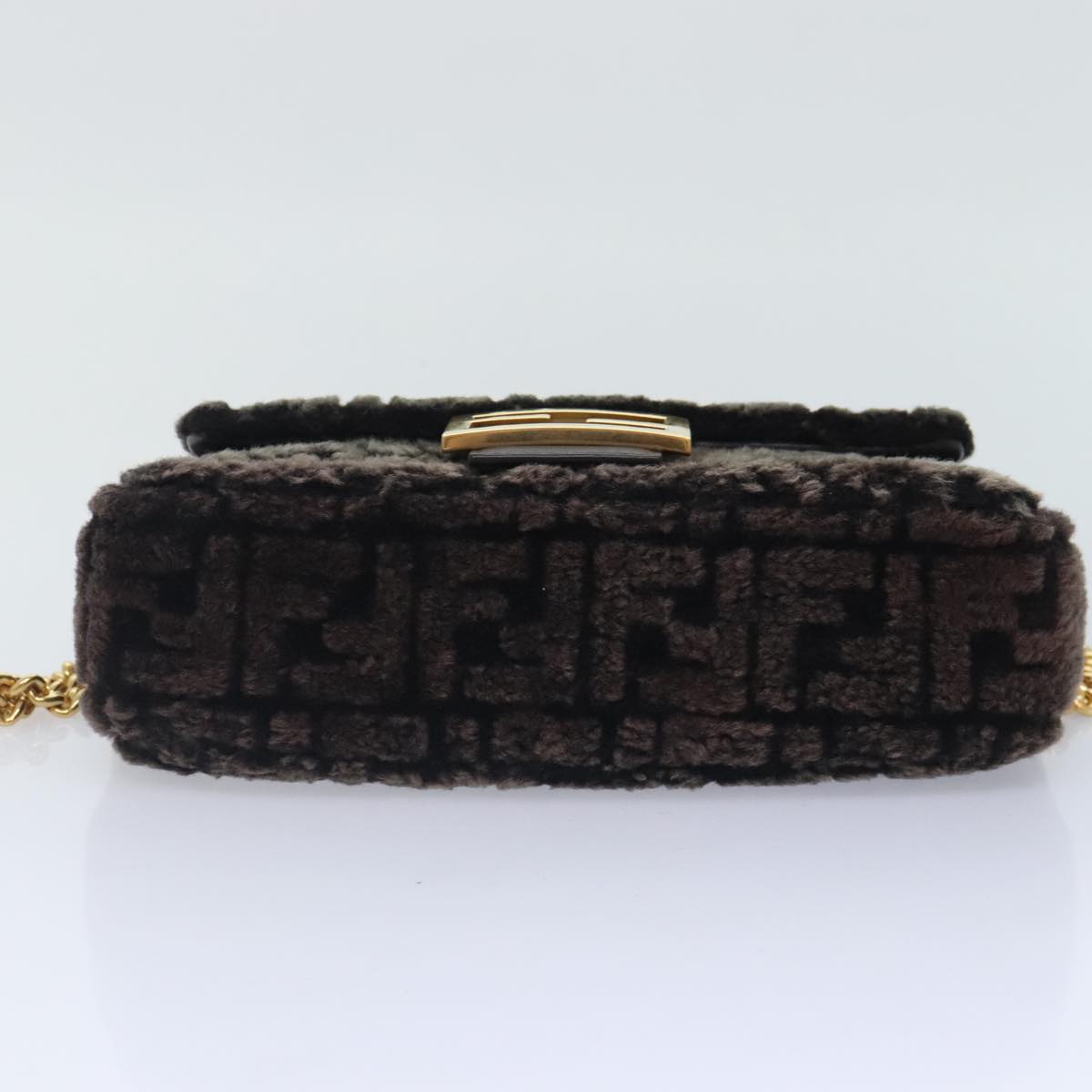 FENDI Zucca Canvas Chain Mamma Baguette Shoulder Bag Brown Gold 93830S