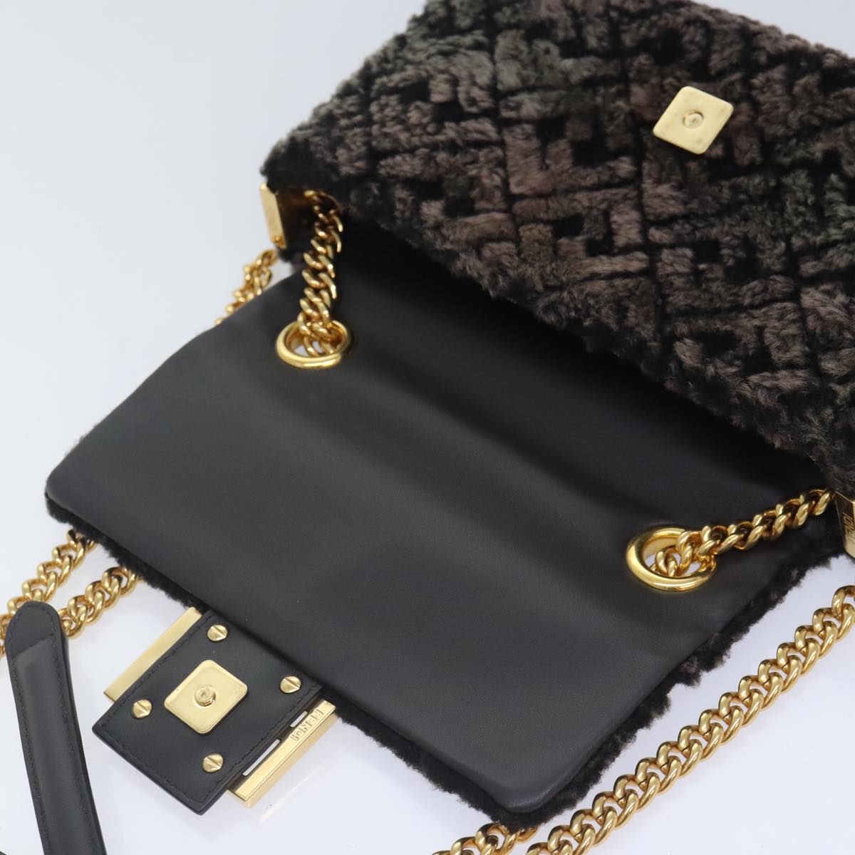 FENDI Zucca Canvas Chain Mamma Baguette Shoulder Bag Brown Gold 93830S
