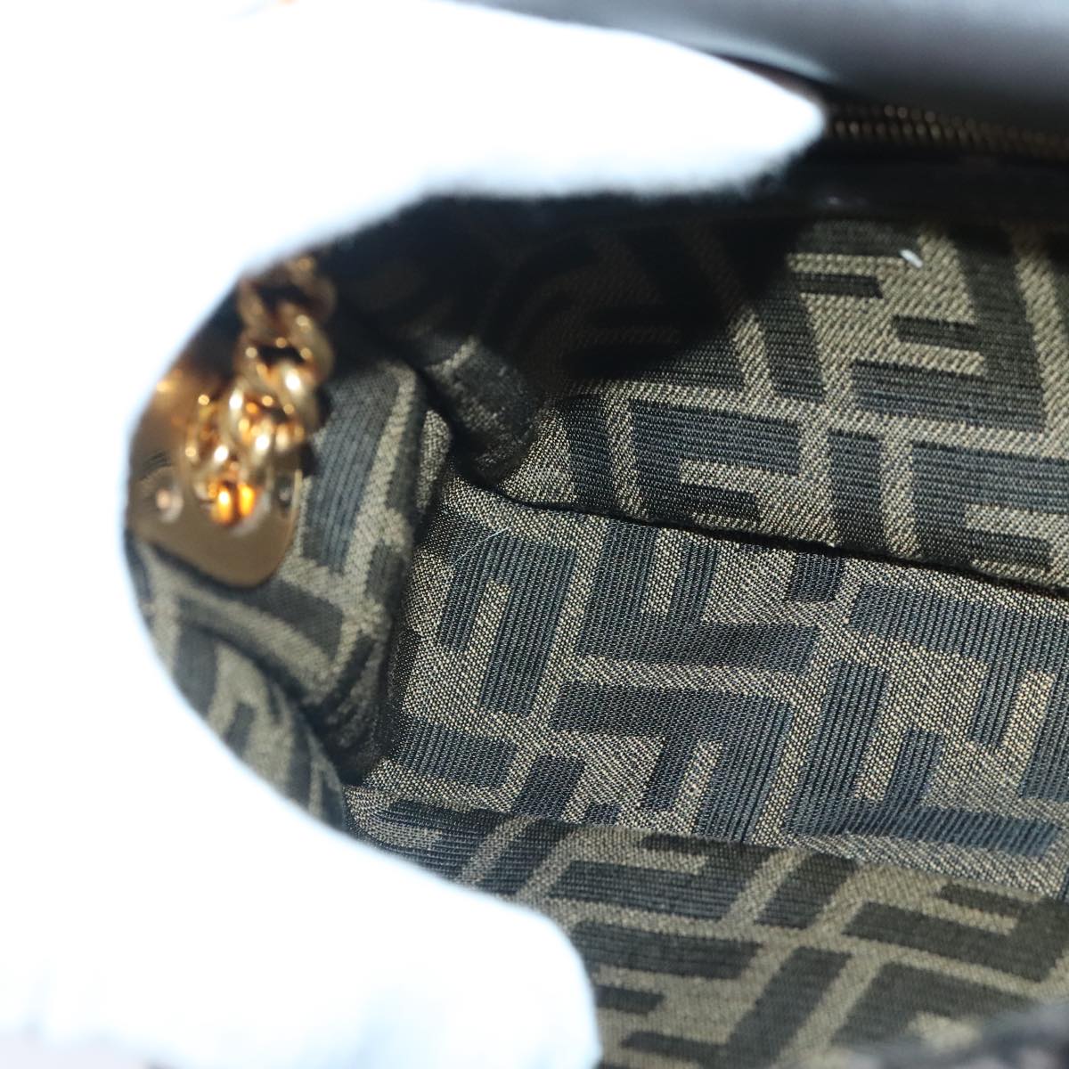 FENDI Zucca Canvas Chain Mamma Baguette Shoulder Bag Brown Gold 93830S