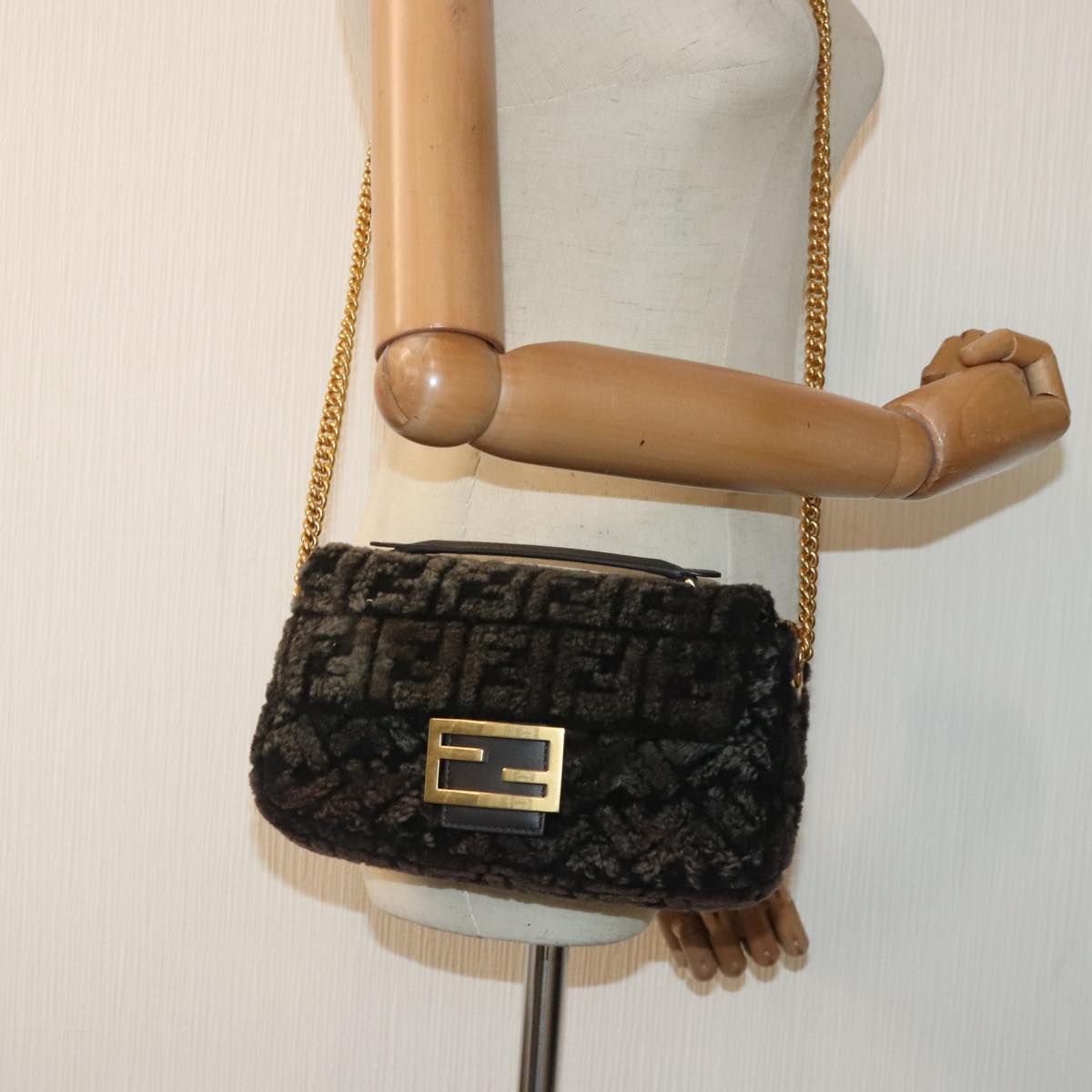 FENDI Zucca Canvas Chain Mamma Baguette Shoulder Bag Brown Gold 93830S