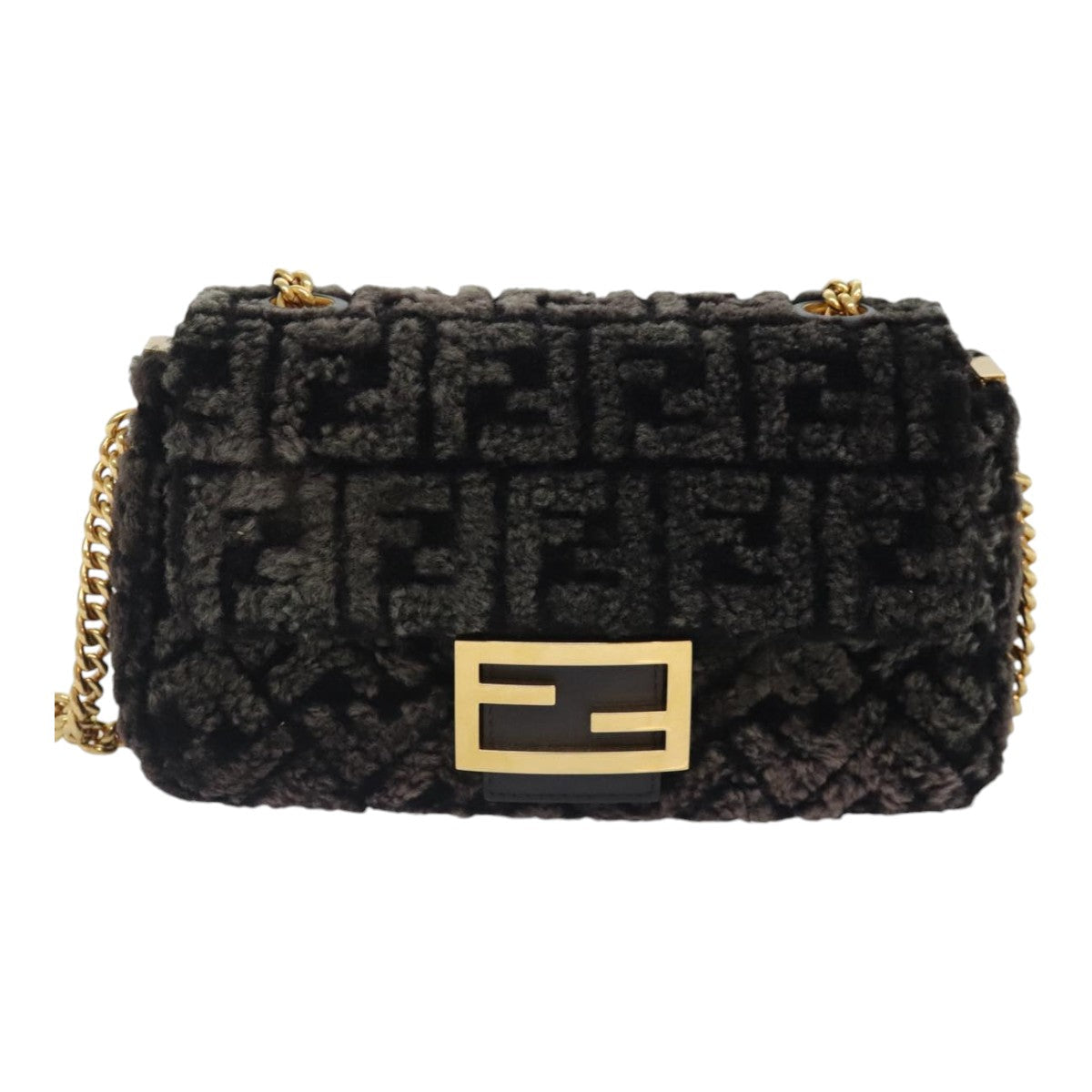 FENDI Zucca Canvas Chain Mamma Baguette Shoulder Bag Brown Gold 93830S