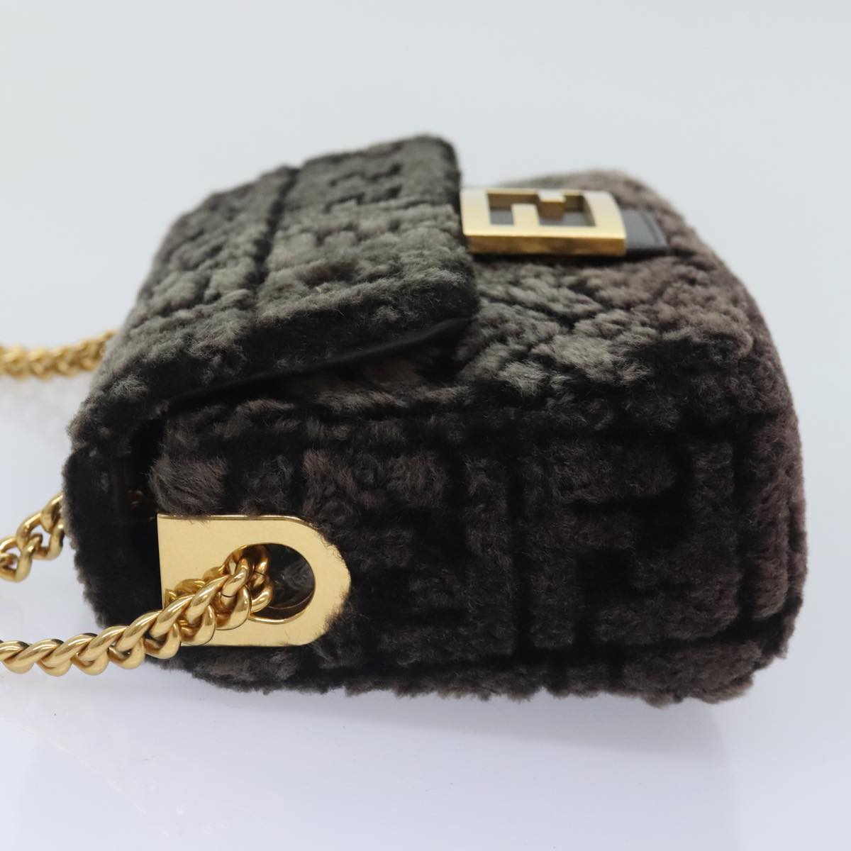 FENDI Zucca Canvas Chain Mamma Baguette Shoulder Bag Brown Gold 93830S