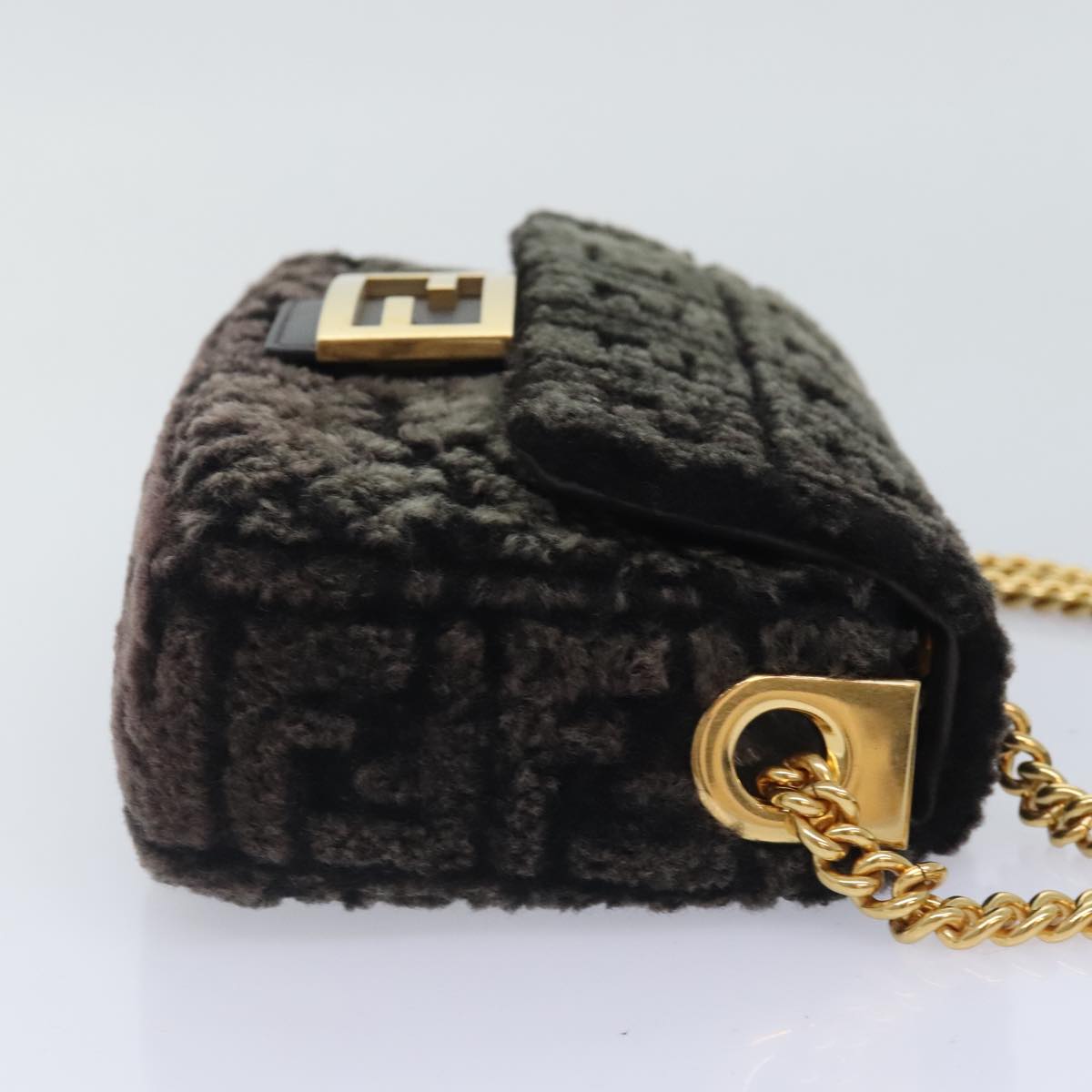 FENDI Zucca Canvas Chain Mamma Baguette Shoulder Bag Brown Gold 93830S