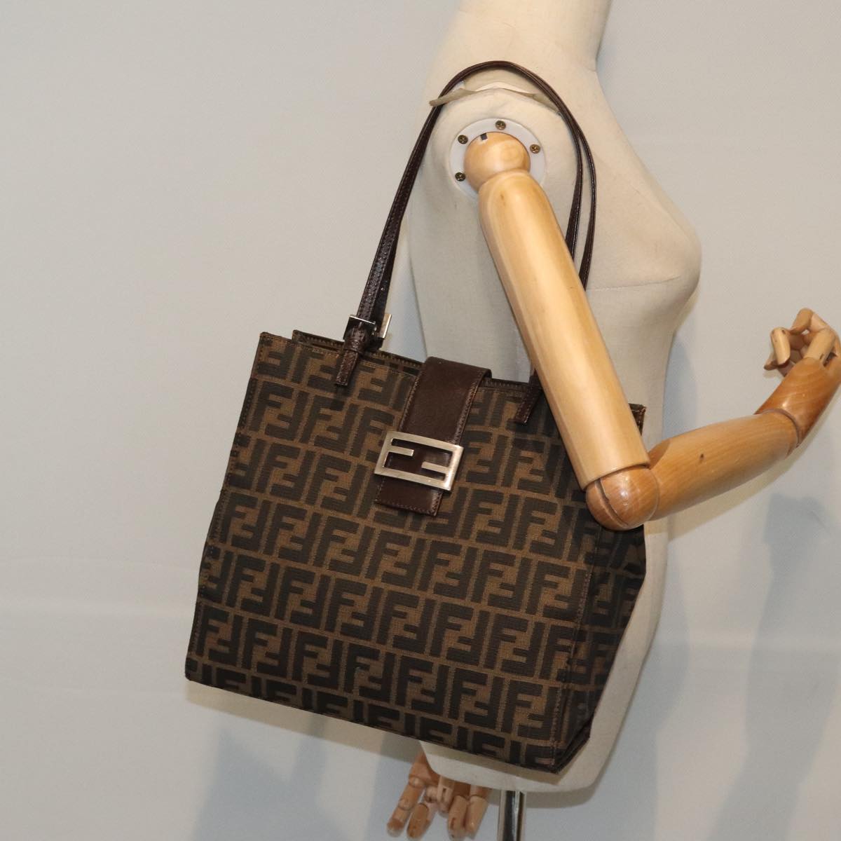 FENDI Zucca Canvas Shoulder Bag Black Silver Brown 93885