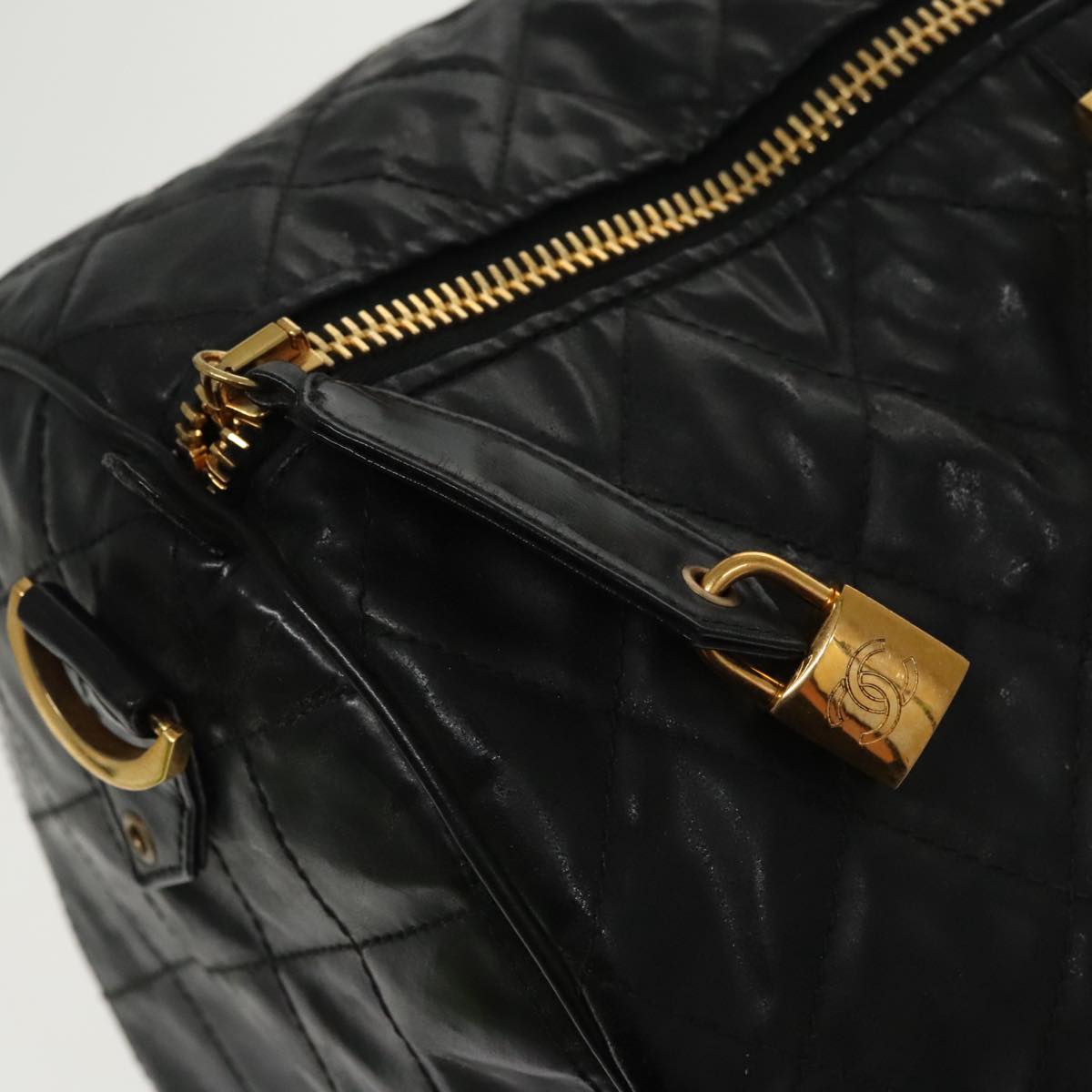 CHANEL Boston Bag Leather 2way Black Gold CC 94229