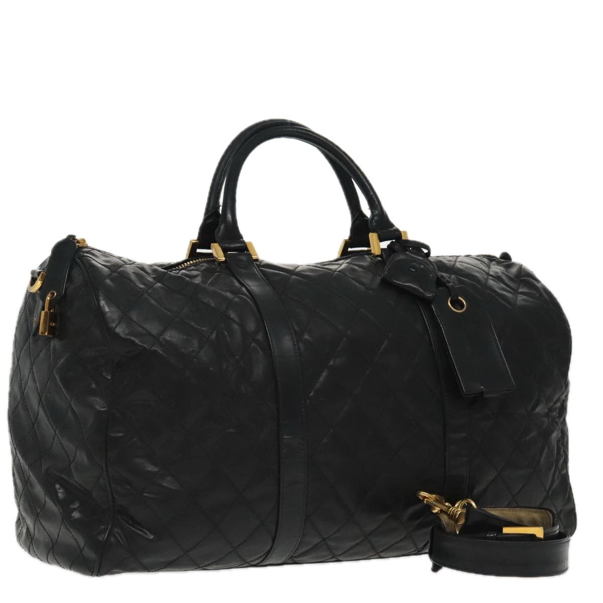 CHANEL Boston Bag Leather 2way Black Gold CC 94229