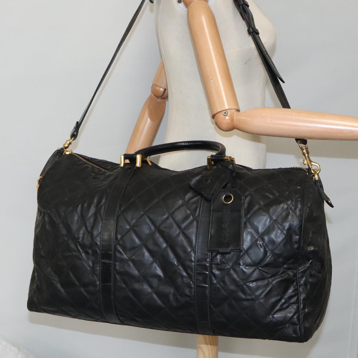 CHANEL Boston Bag Leather 2way Black Gold CC 94229