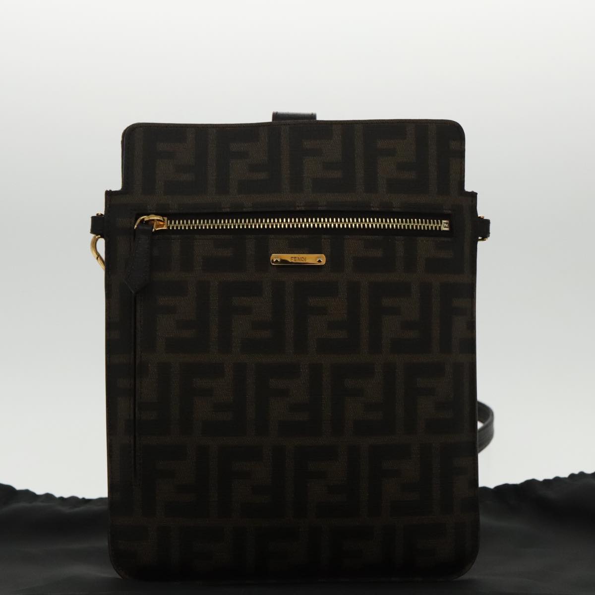 FENDI Zucca Canvas Shoulder Bag Black Brown gold 94296