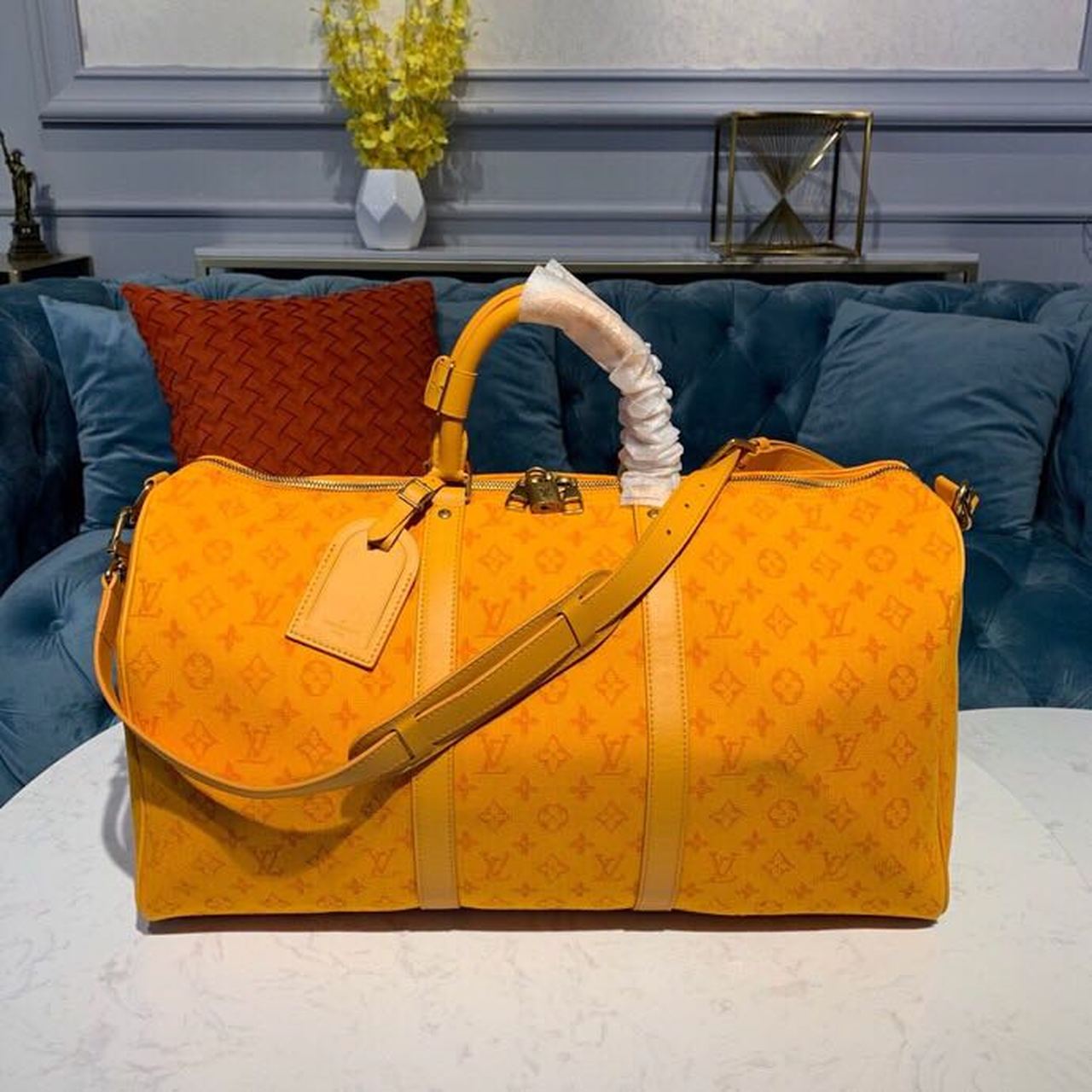 LV Keepall Bandouliere 50 Monogram Denim Ochre Yellow For Men, MenÃ¢â‚¬â„¢s Bags, Travel Bags 19.7in/50cm LV M44644
