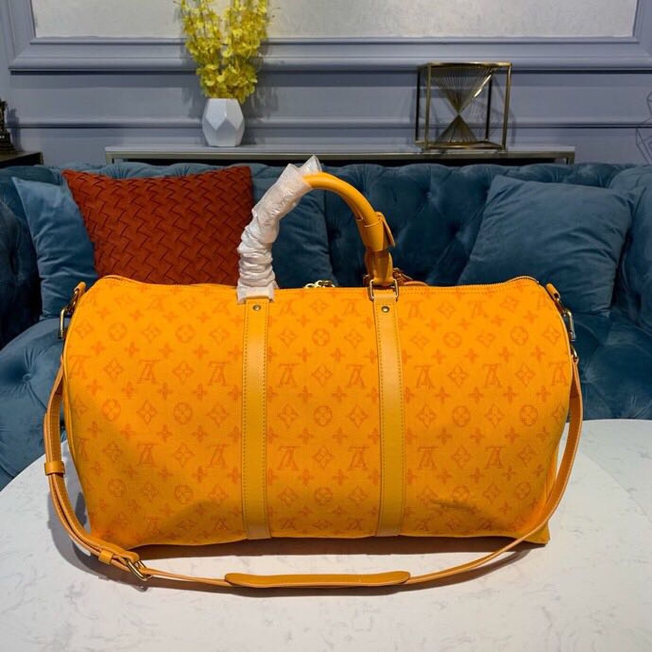 LV Keepall Bandouliere 50 Monogram Denim Ochre Yellow For Men, MenÃ¢â‚¬â„¢s Bags, Travel Bags 19.7in/50cm LV M44644