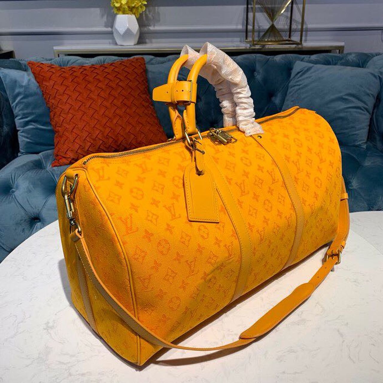 LV Keepall Bandouliere 50 Monogram Denim Ochre Yellow For Men, MenÃ¢â‚¬â„¢s Bags, Travel Bags 19.7in/50cm LV M44644