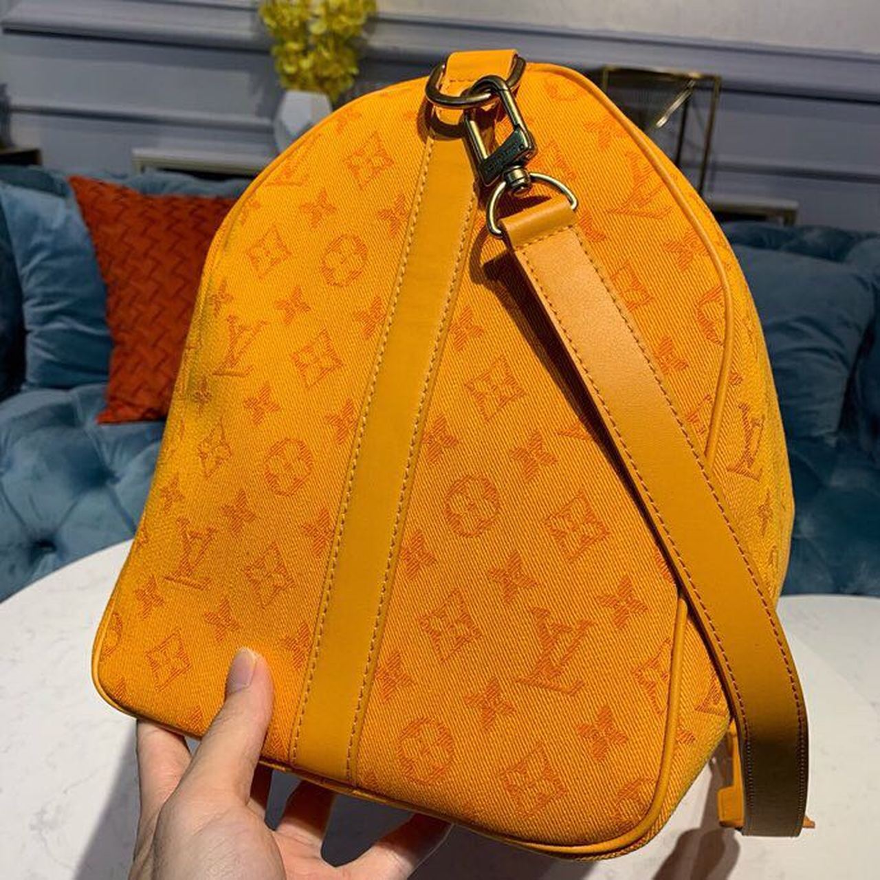 LV Keepall Bandouliere 50 Monogram Denim Ochre Yellow For Men, MenÃ¢â‚¬â„¢s Bags, Travel Bags 19.7in/50cm LV M44644