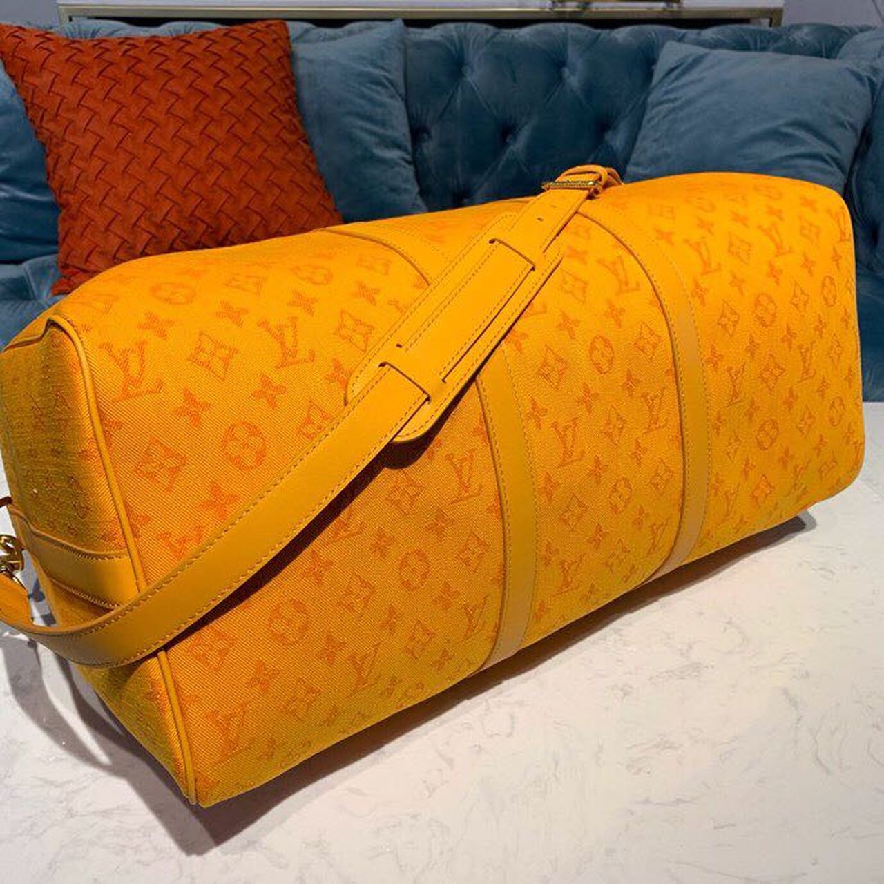 LV Keepall Bandouliere 50 Monogram Denim Ochre Yellow For Men, MenÃ¢â‚¬â„¢s Bags, Travel Bags 19.7in/50cm LV M44644