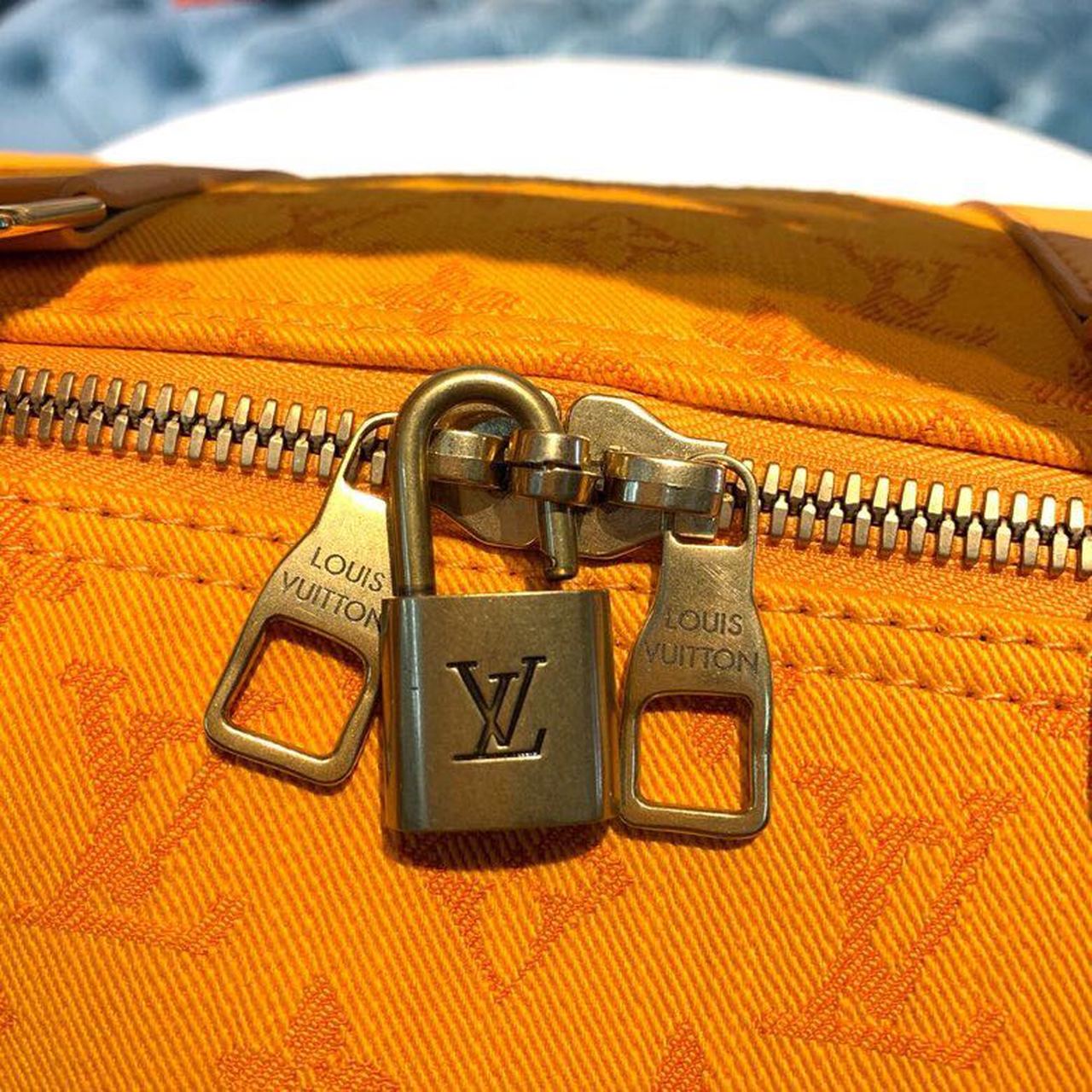 LV Keepall Bandouliere 50 Monogram Denim Ochre Yellow For Men, MenÃ¢â‚¬â„¢s Bags, Travel Bags 19.7in/50cm LV M44644