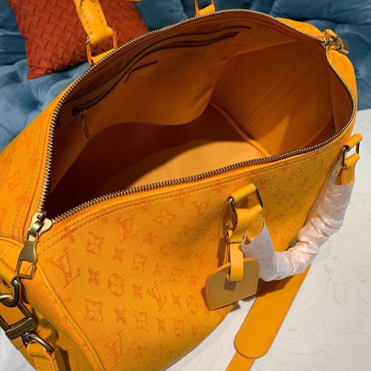 LV Keepall Bandouliere 50 Monogram Denim Ochre Yellow For Men, MenÃ¢â‚¬â„¢s Bags, Travel Bags 19.7in/50cm LV M44644