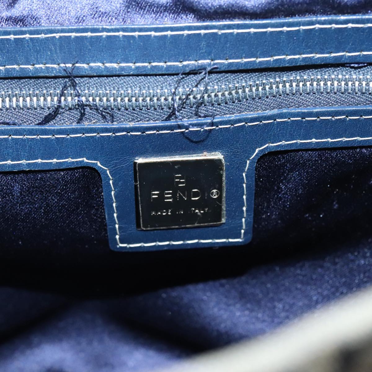 FENDI Zucchino Canvas Hand Bag Navy Silver 94429