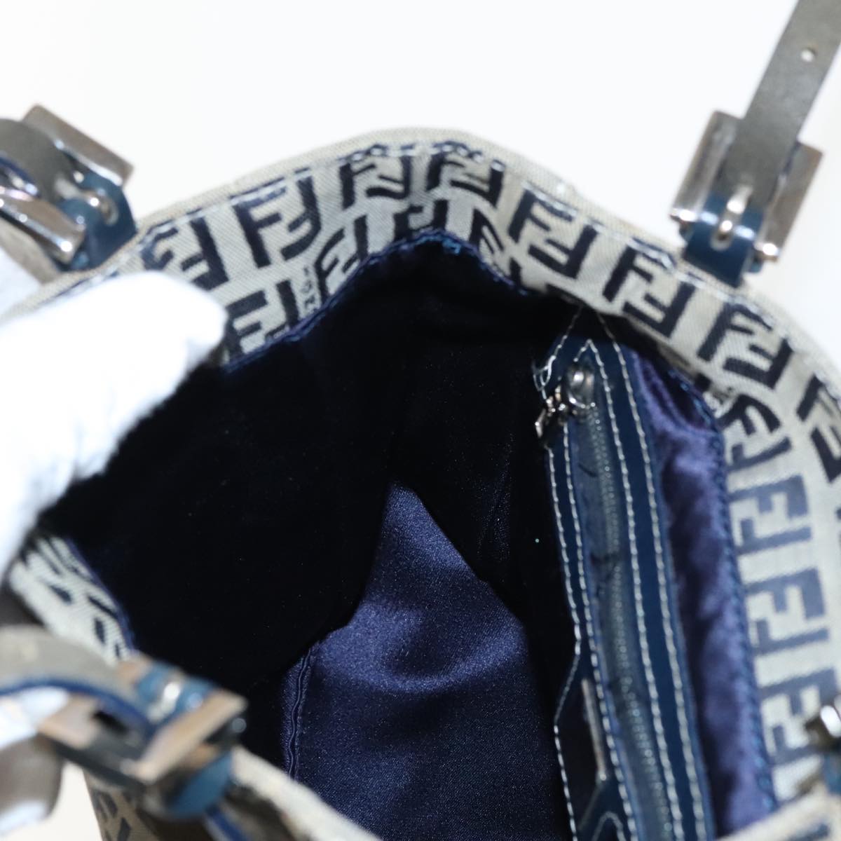 FENDI Zucchino Canvas Hand Bag Navy Silver 94429