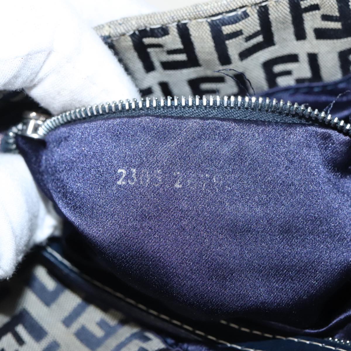 FENDI Zucchino Canvas Hand Bag Navy Silver 94429