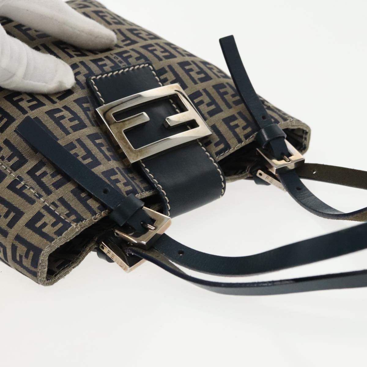 FENDI Zucchino Canvas Hand Bag Navy Silver 94429