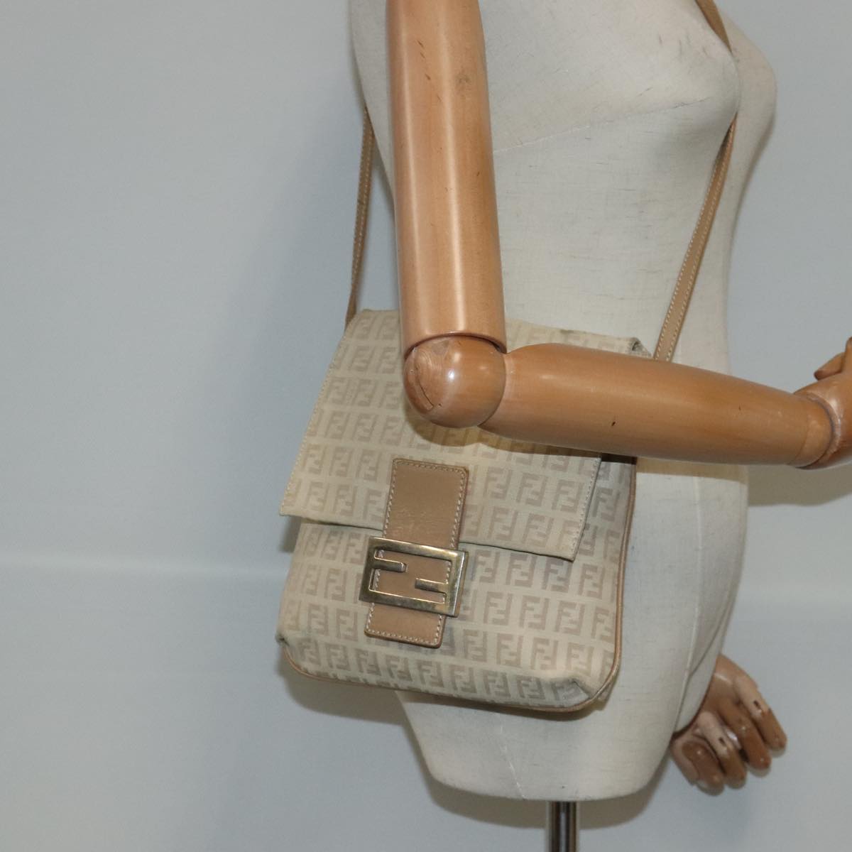 FENDI Zucchino Canvas Shoulder Bag Beige Gold 94453