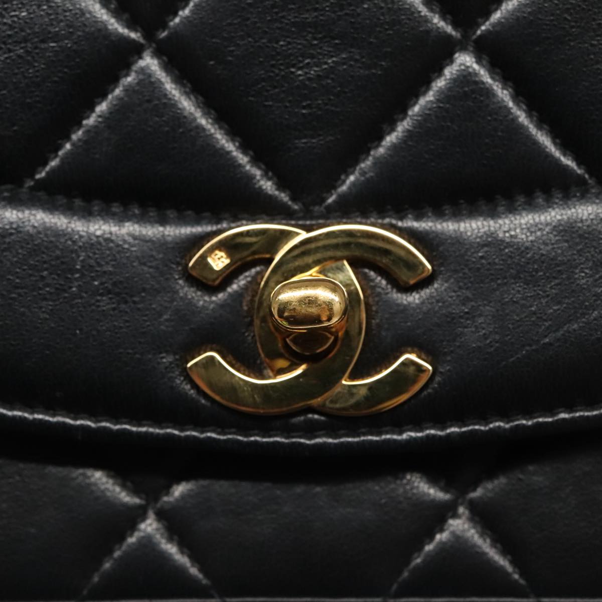 CHANEL Diana Matelasse Chain Shoulder Bag Lamb Skin Black Gold CC 94641S