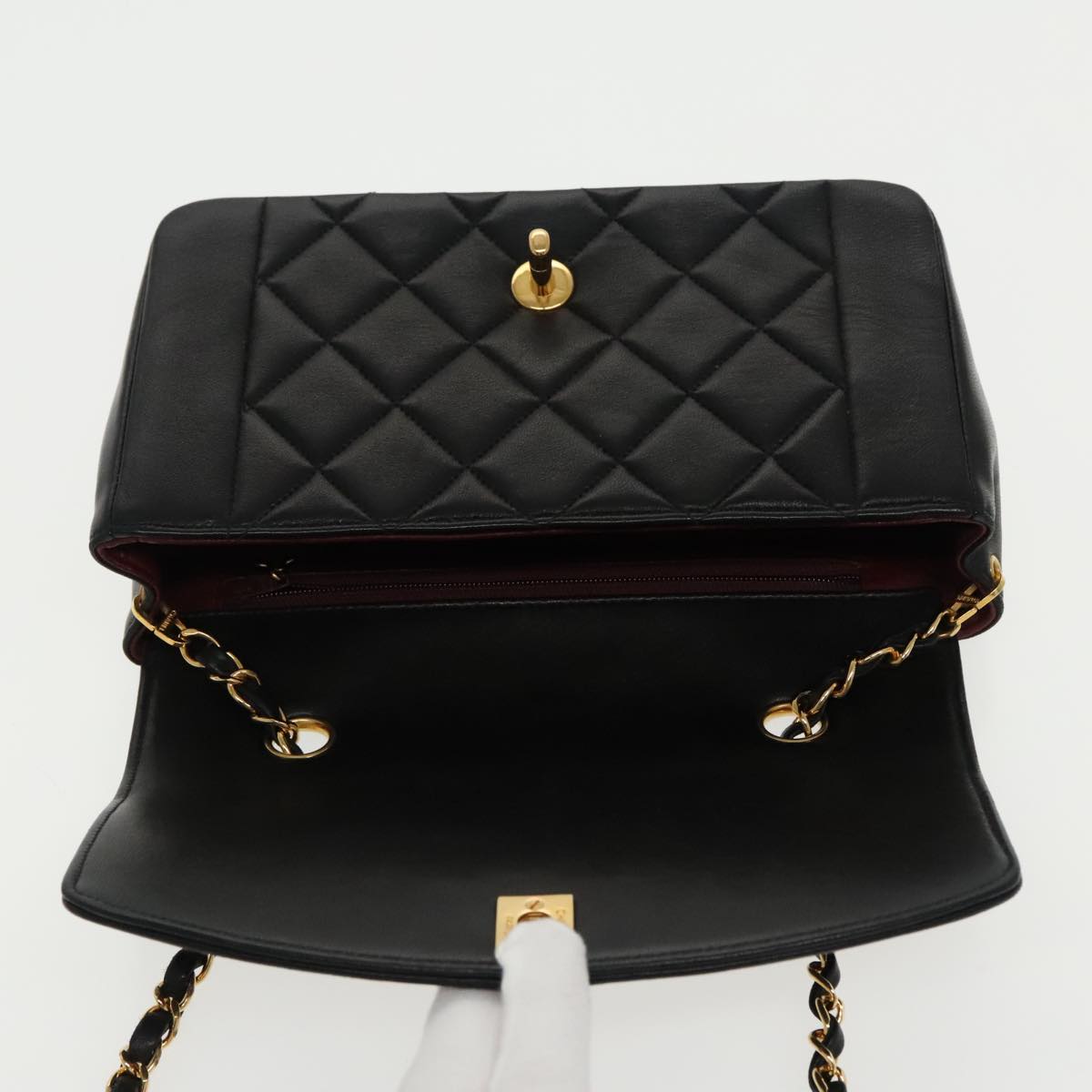 CHANEL Diana Matelasse Chain Shoulder Bag Lamb Skin Black Gold CC 94641S