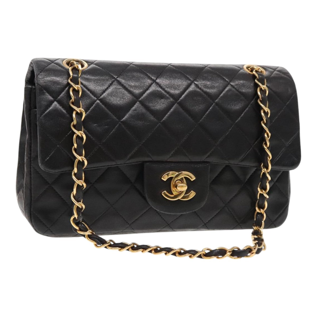 CHANEL Matelasse 23 Turn Lock Chain Bag Lamb Skin Black Gold CC 94676A