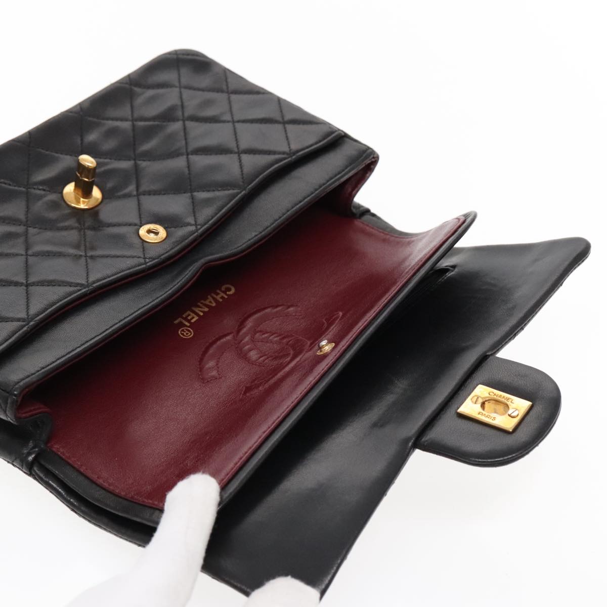 CHANEL Matelasse 23 Turn Lock Chain Bag Lamb Skin Black Gold CC 94676A