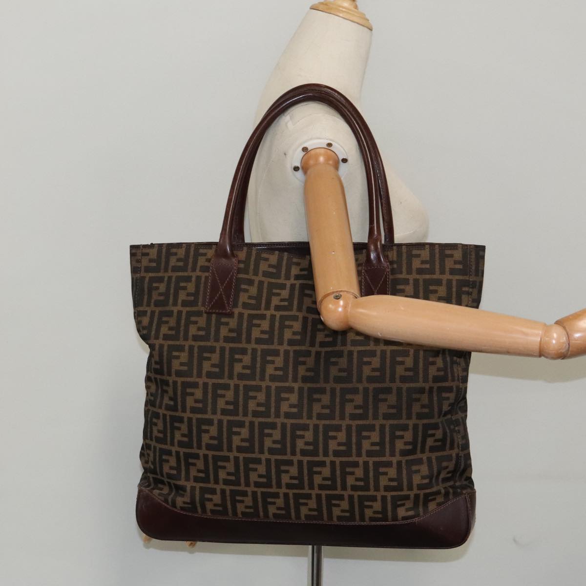FENDI Zucca Canvas Tote Bag Brown Black Silver 94701