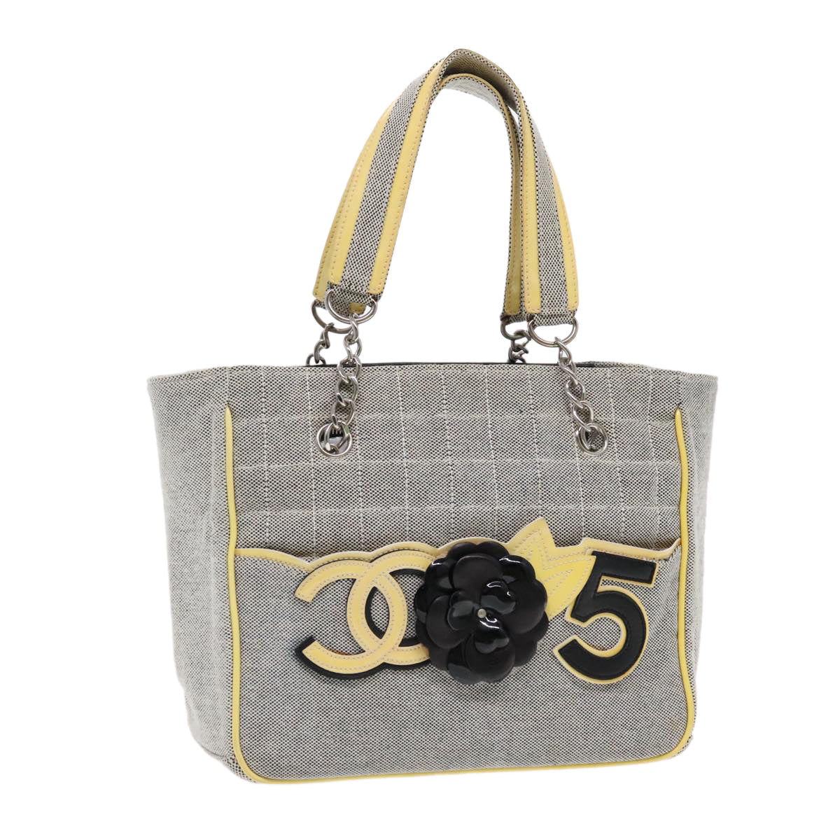 CHANEL Camelia Hand Bag No5 Canvas Gray Silver CC 94827A