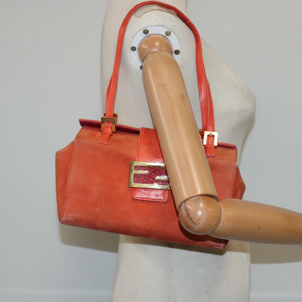 FENDI Shoulder Bag Suede Orange Gold 94994