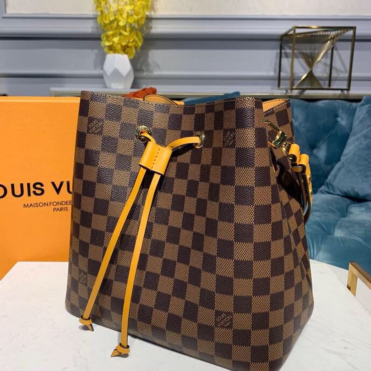 LV NÃƒÂ©o NoÃƒÂ© GLAMI Bucket Bag 26cm Damier Ebene Canvas Spring/Summer Collection N40213, Safran
