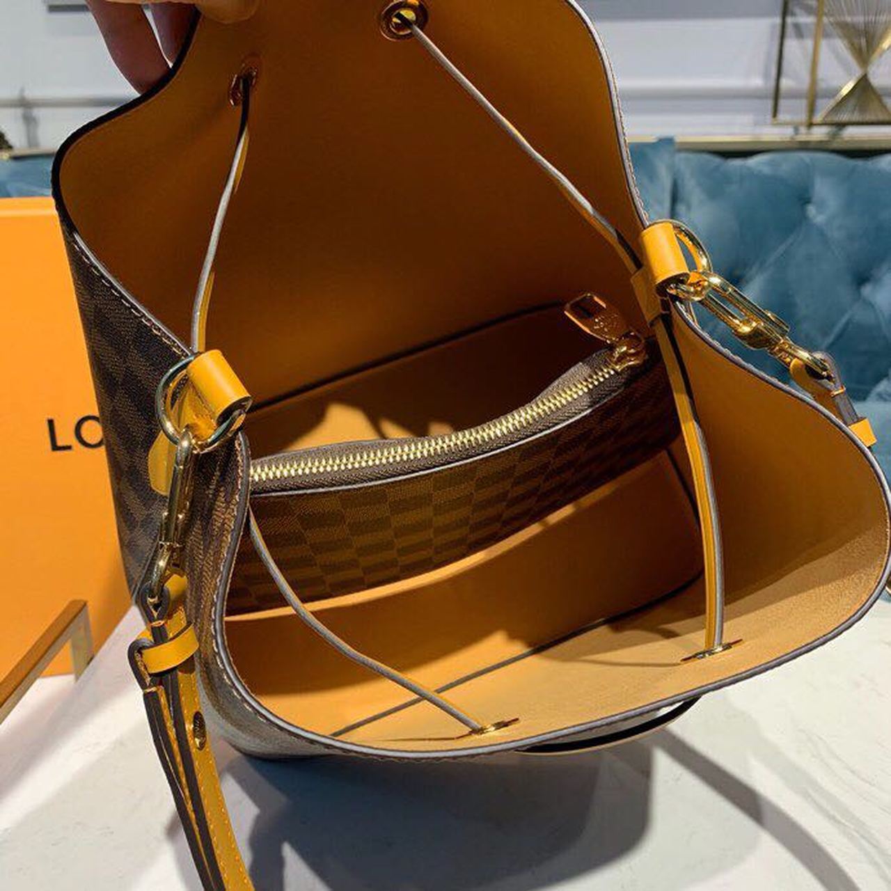 LV NÃƒÂ©o NoÃƒÂ© GLAMI Bucket Bag 26cm Damier Ebene Canvas Spring/Summer Collection N40213, Safran