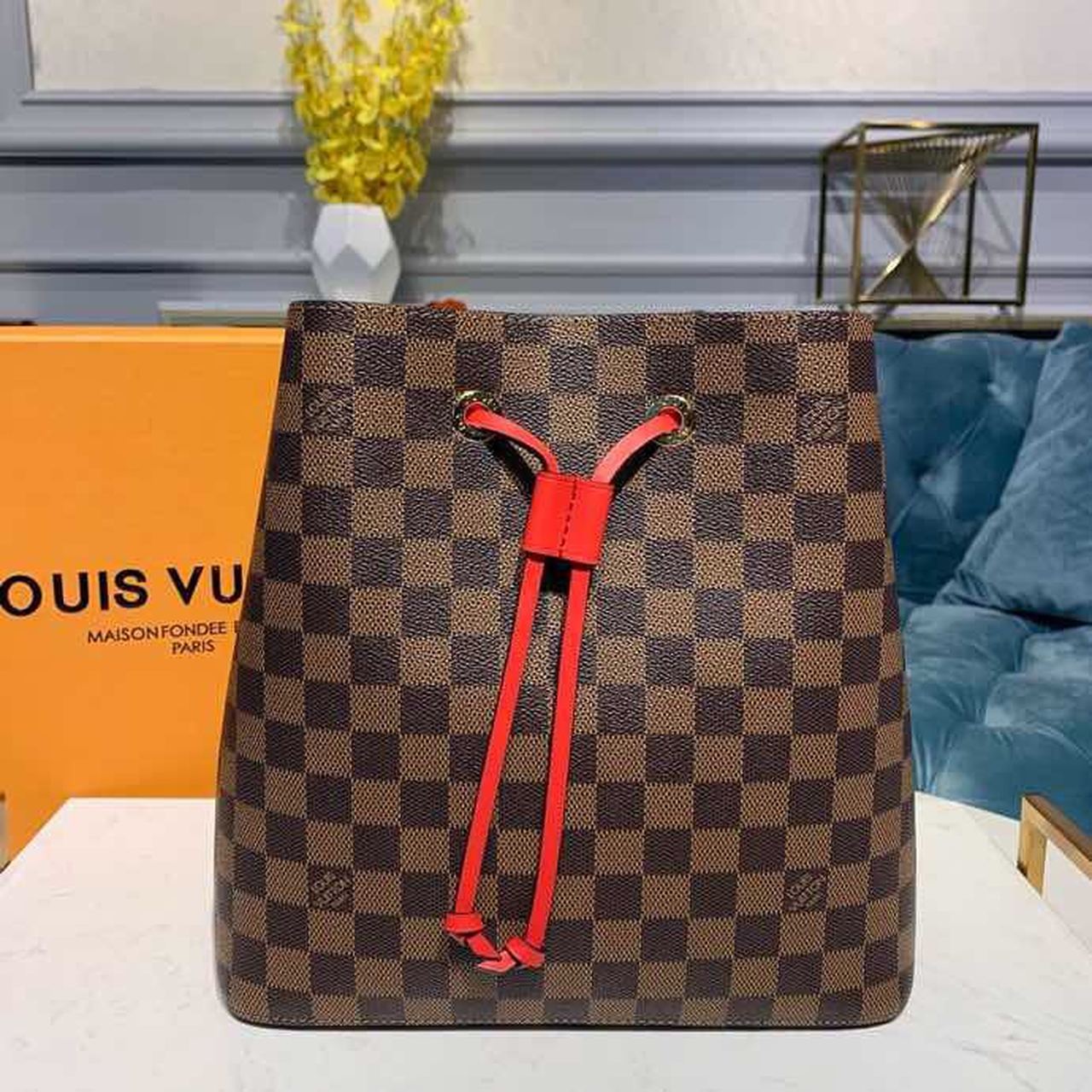 LV Neo Noe GLAMI Bucket Bag 26cm Damier Ebene Canvas Spring/Summer Collection N40214, Cherry Berry