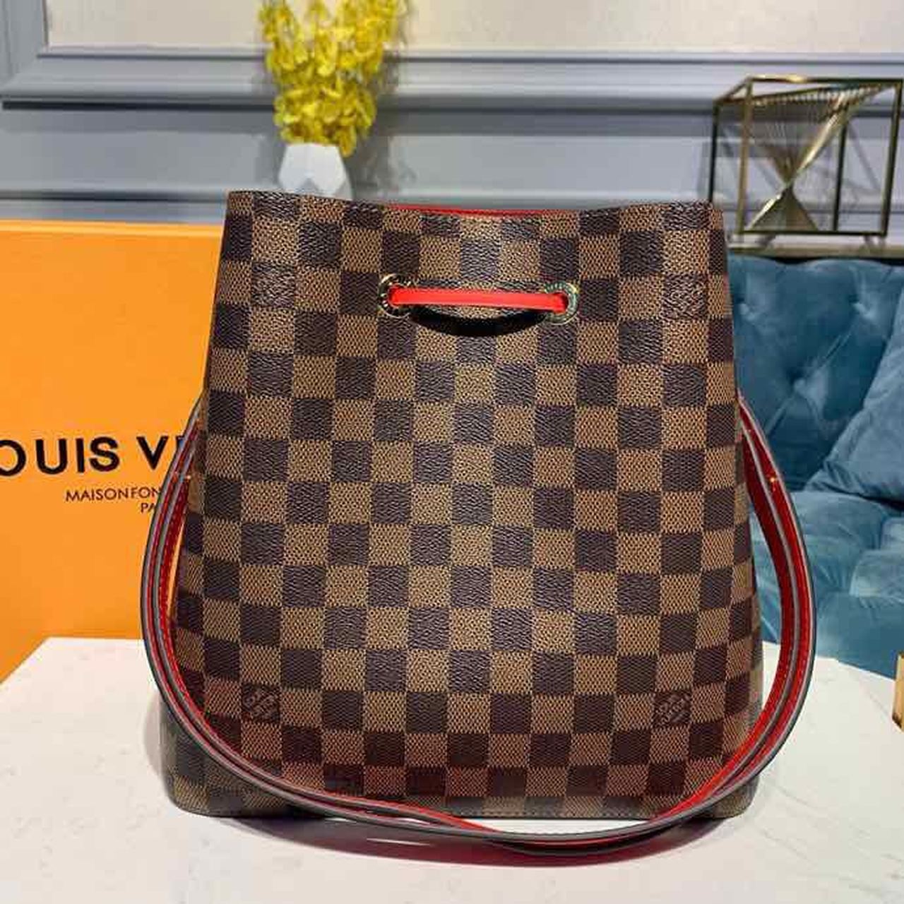LV Neo Noe GLAMI Bucket Bag 26cm Damier Ebene Canvas Spring/Summer Collection N40214, Cherry Berry