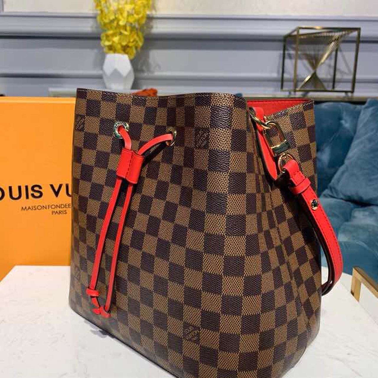 LV Neo Noe GLAMI Bucket Bag 26cm Damier Ebene Canvas Spring/Summer Collection N40214, Cherry Berry