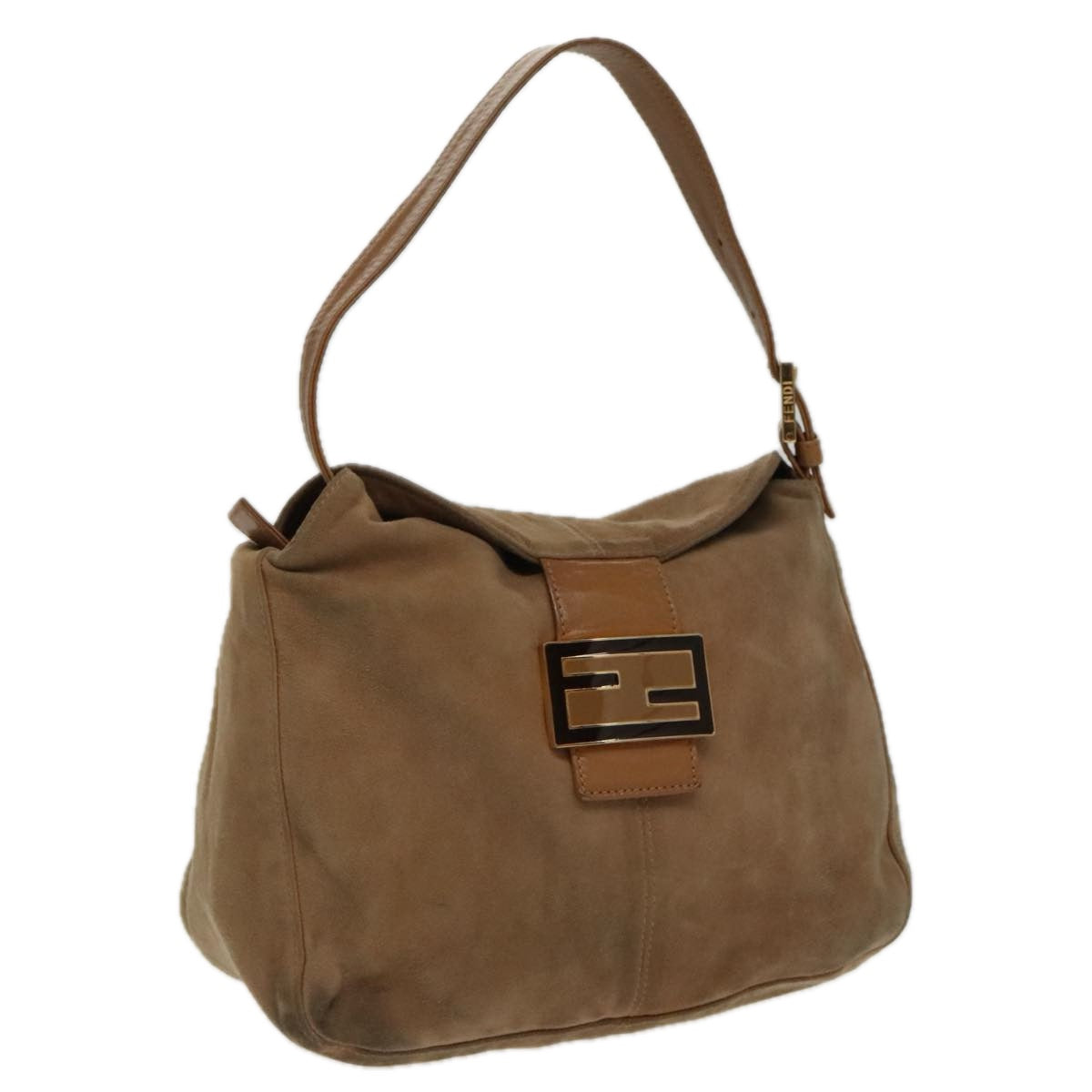 FENDI Mamma Baguette Shoulder Bag Suede Beige Gold 95344