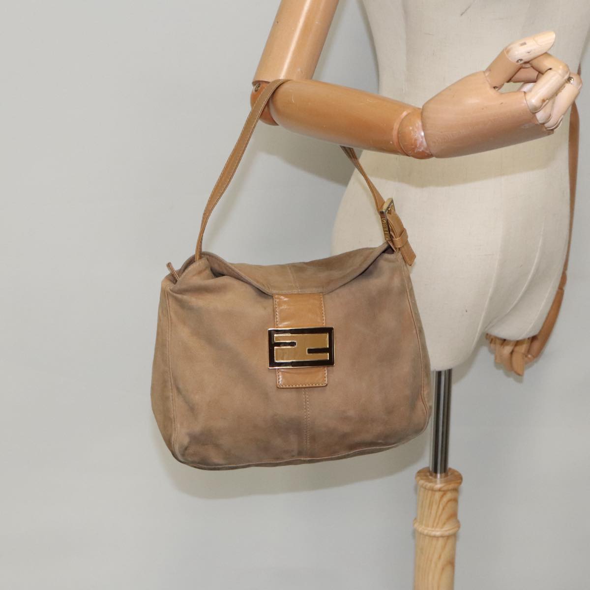 FENDI Mamma Baguette Shoulder Bag Suede Beige Gold 95344