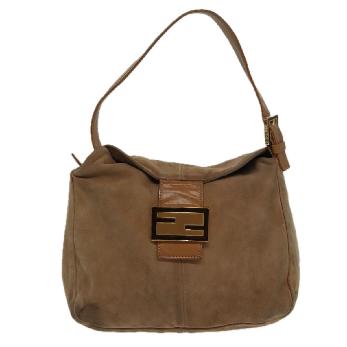 FENDI Mamma Baguette Shoulder Bag Suede Beige Gold 95344