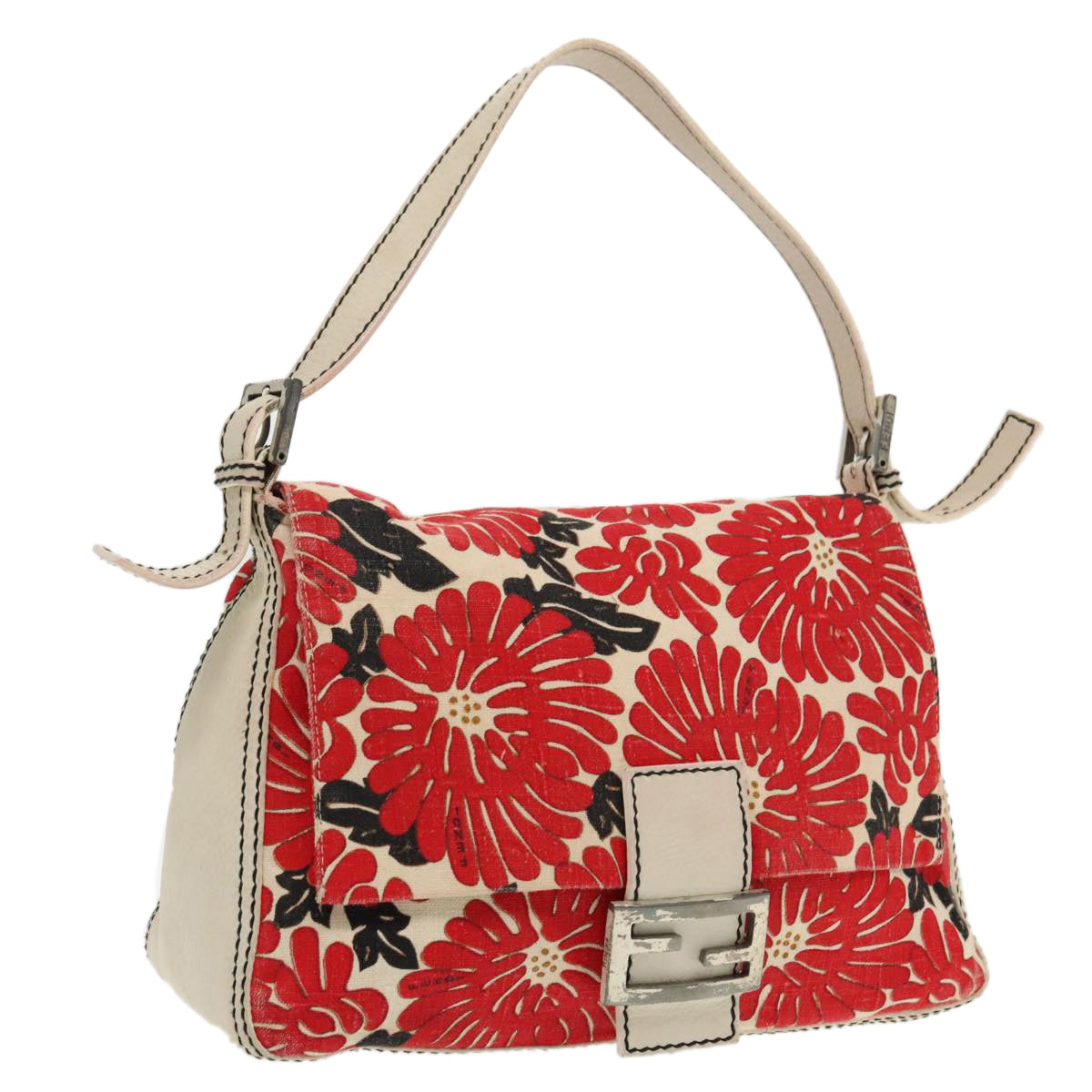 FENDI Mamma Baguette Shoulder Bag Canvas Leather Red White Silver 95392
