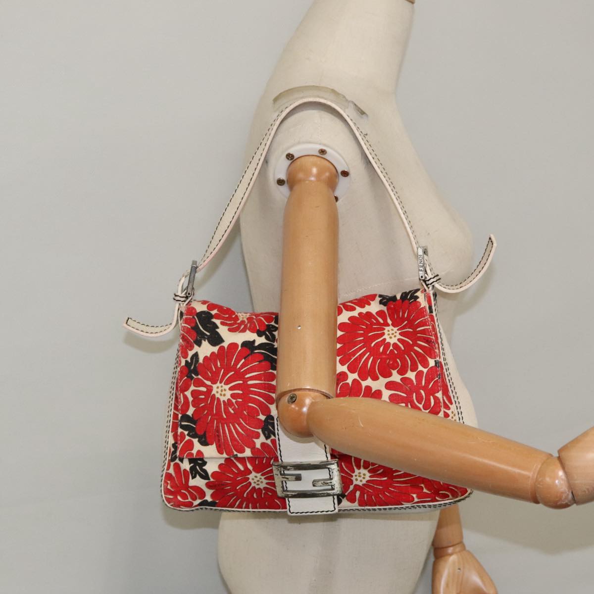 FENDI Mamma Baguette Shoulder Bag Canvas Leather Red White Silver 95392