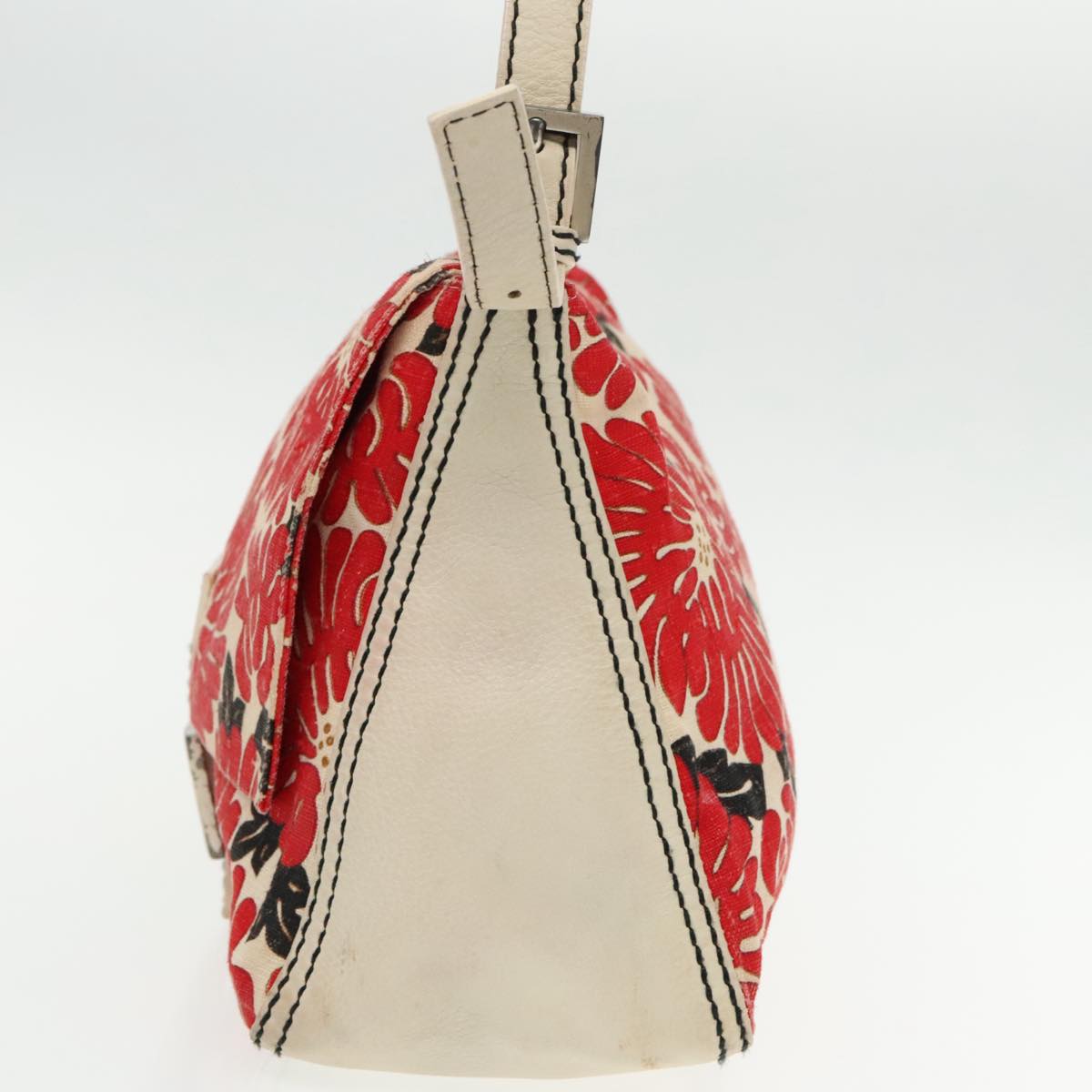 FENDI Mamma Baguette Shoulder Bag Canvas Leather Red White Silver 95392