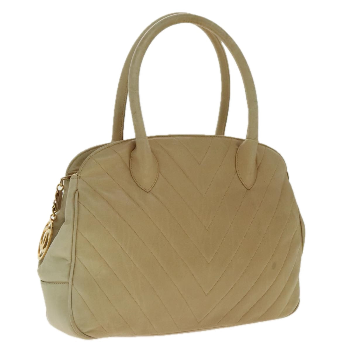 CHANEL V Stitch Hand Bag Lamb Skin Beige Gold CC 95608