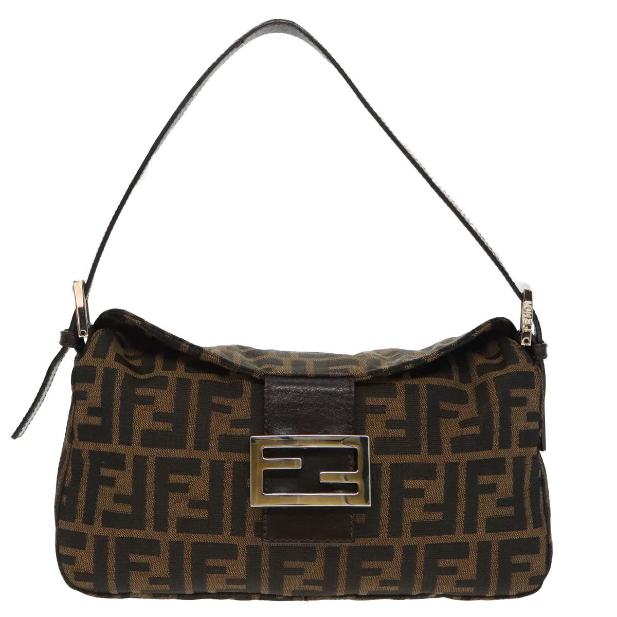 FENDI Zucca Canvas Mamma Baguette Shoulder Bag Black Brown Silver 95783A
